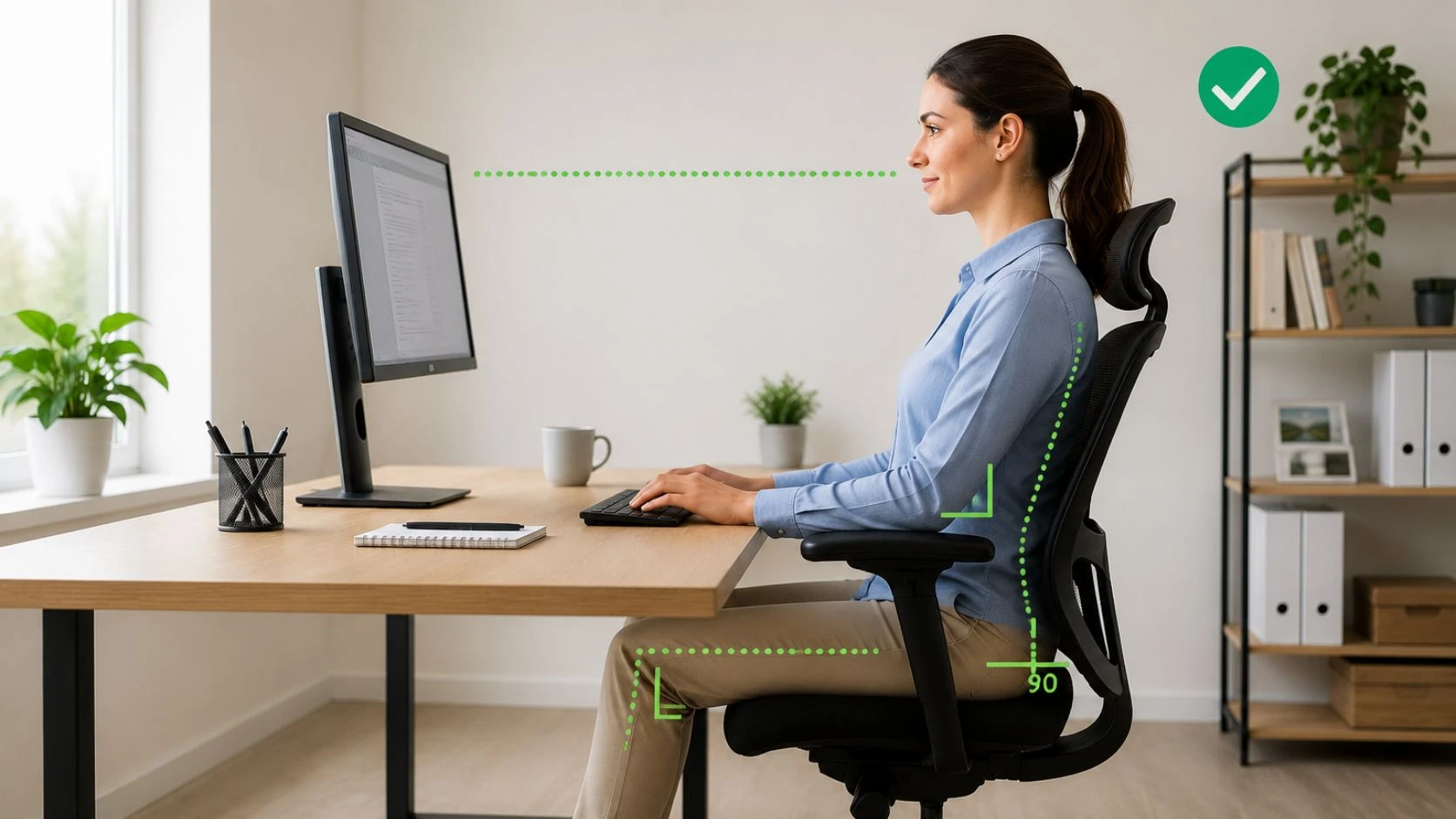 Postura correcta sentado frente al ordenador para cuidar la zona lumbar