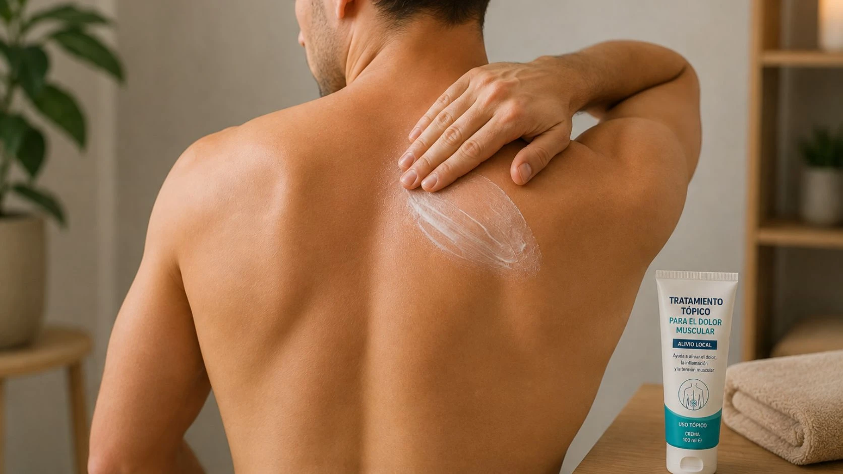 Aplicación de crema tópica antiinflamatoria en la espalda para el dolor muscular