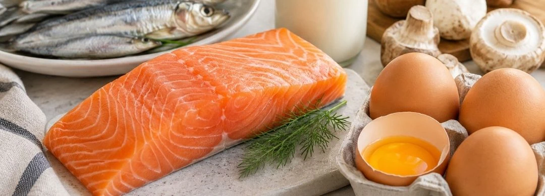 Alimentos ricos en vitamina D como salmón, sardinas, huevos y hongos