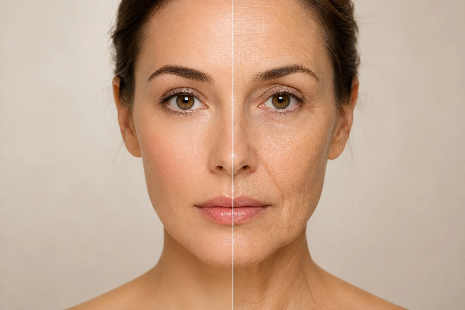 Comparación de piel joven y piel con signos de fotoenvejecimiento en rostro y manos